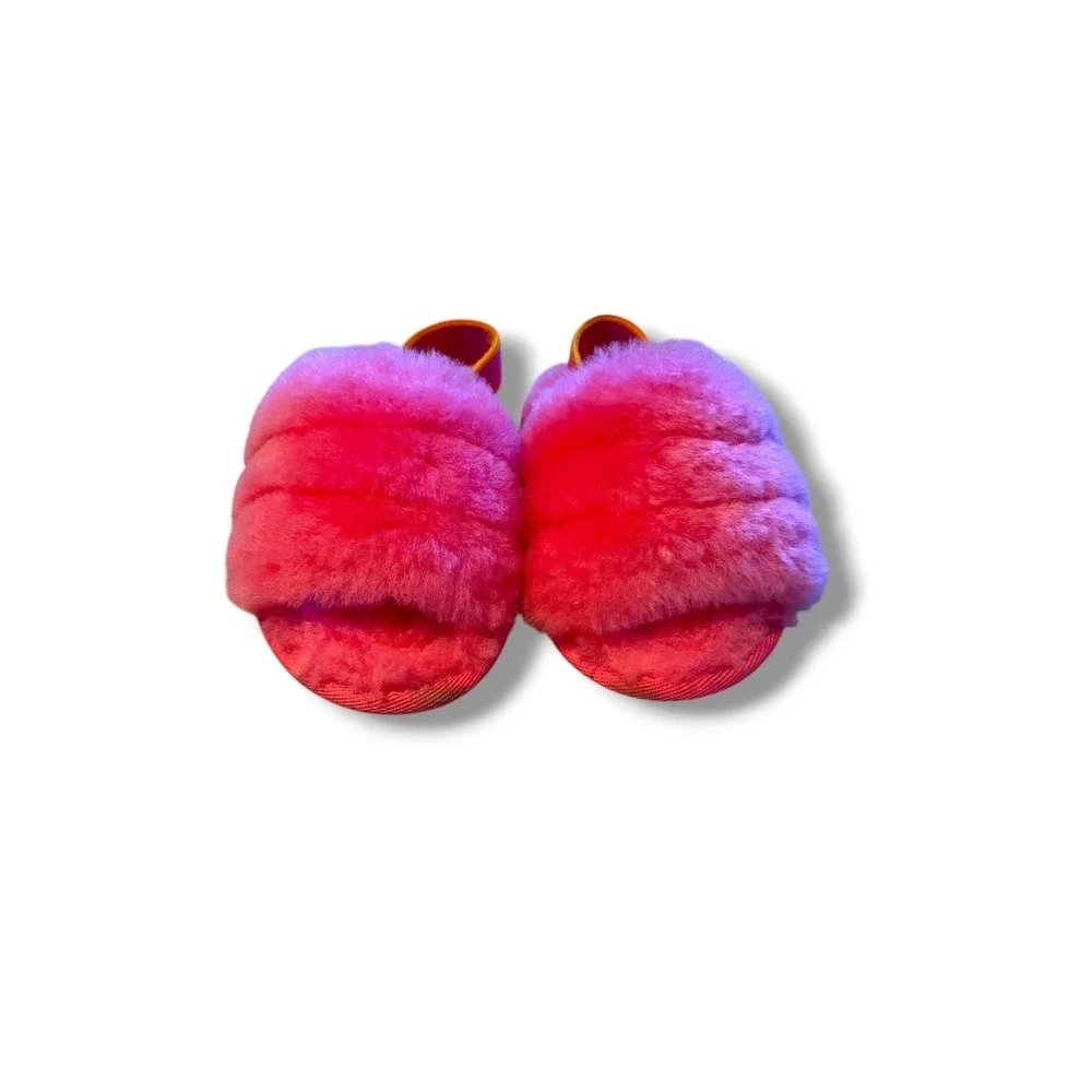 UGG Fluff Yeah Slide Sandals Toddler Size 6 Neon Pink Orange Sheepskin Slingback